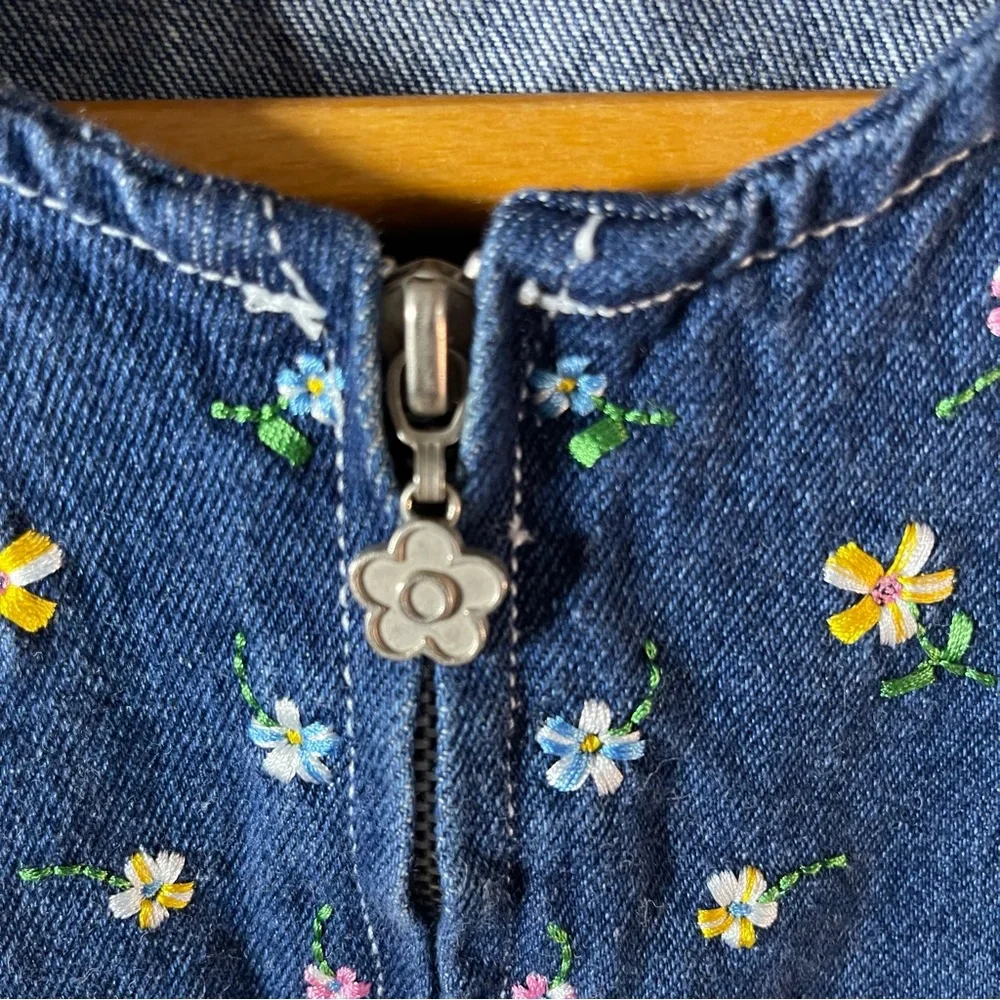 Vintage Girls Denim Romper Overalls Jumper L/14 Badge Floral Embroidered 90s